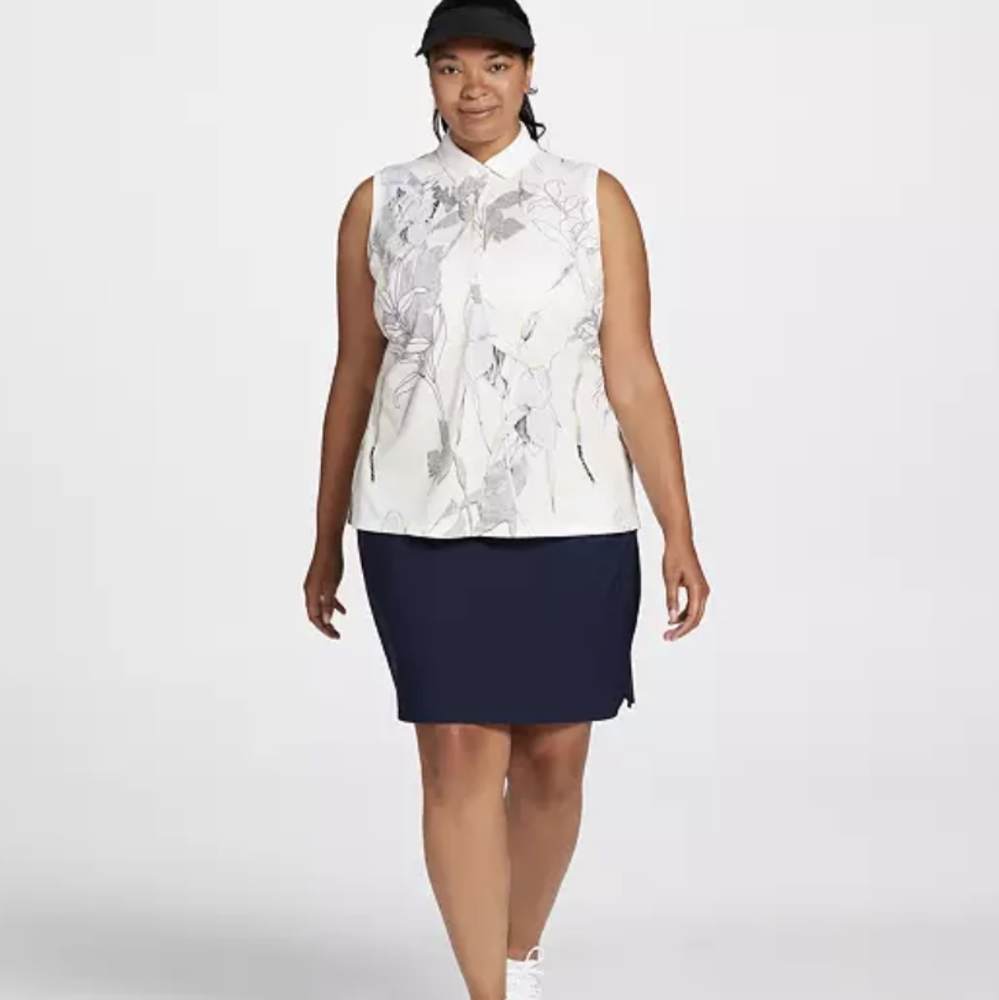 Lady Hagen Printed Sleeveless Linear Botanical Cream Golf Polo